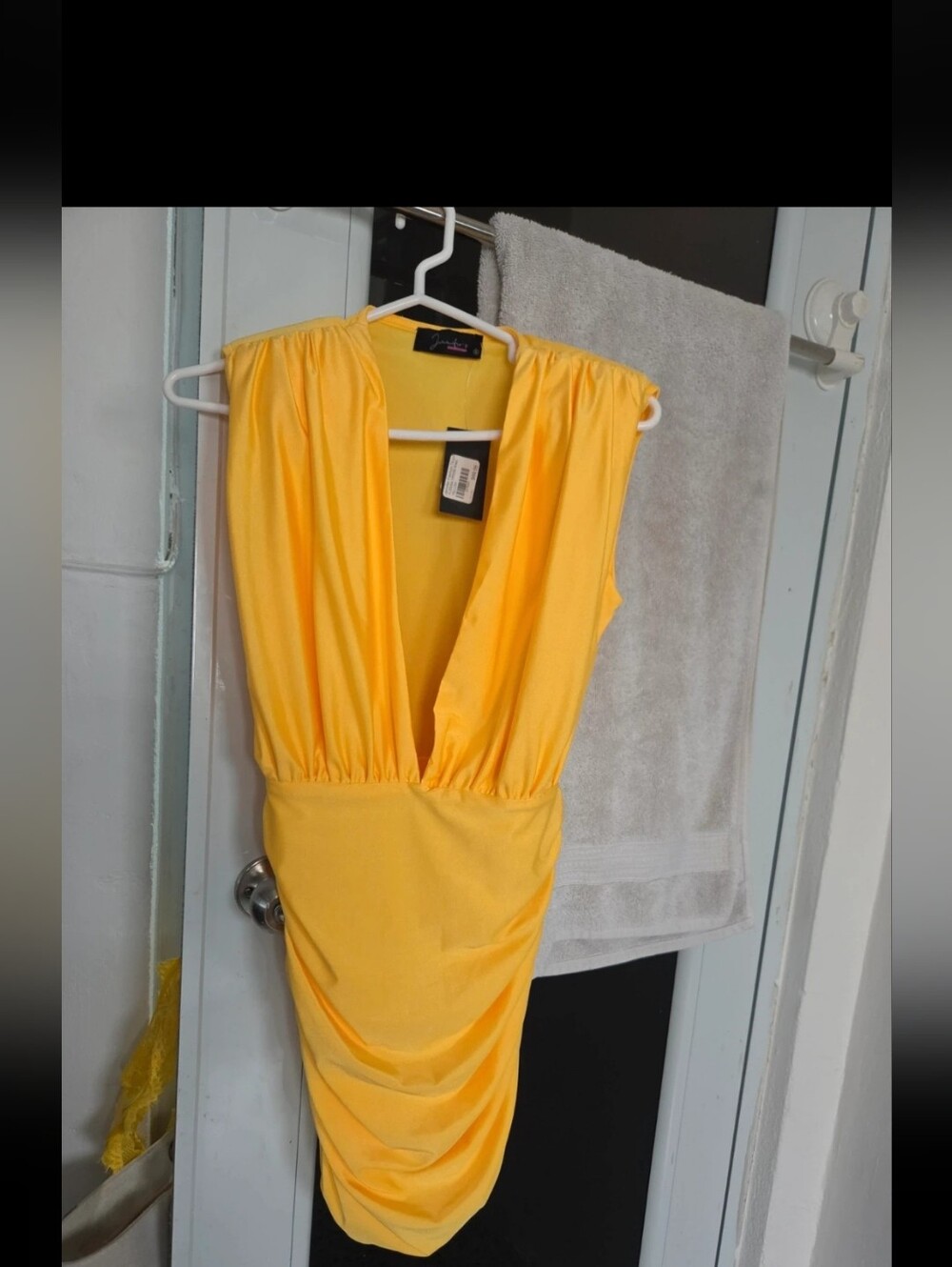 Jenni Bright Yellow Deep V Ruched Cocktail Dress